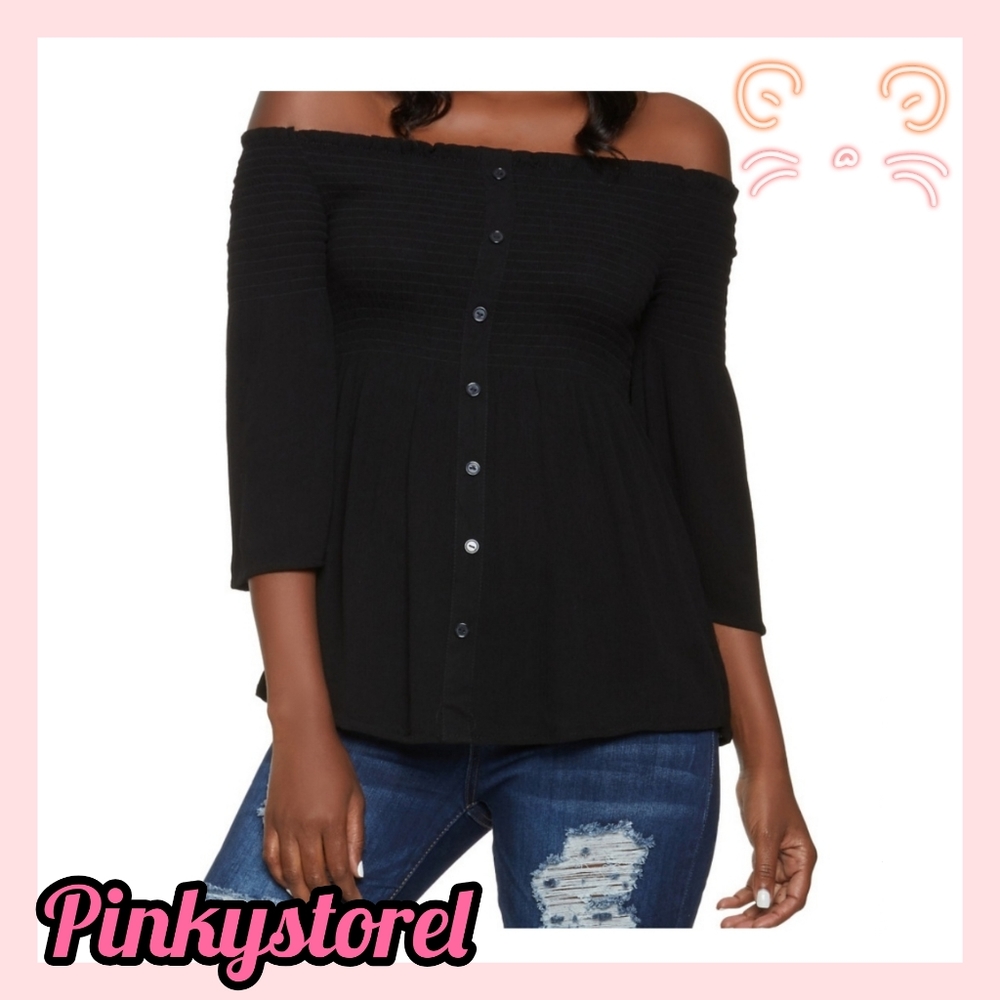 Button Smocked Shoulder Top🖤